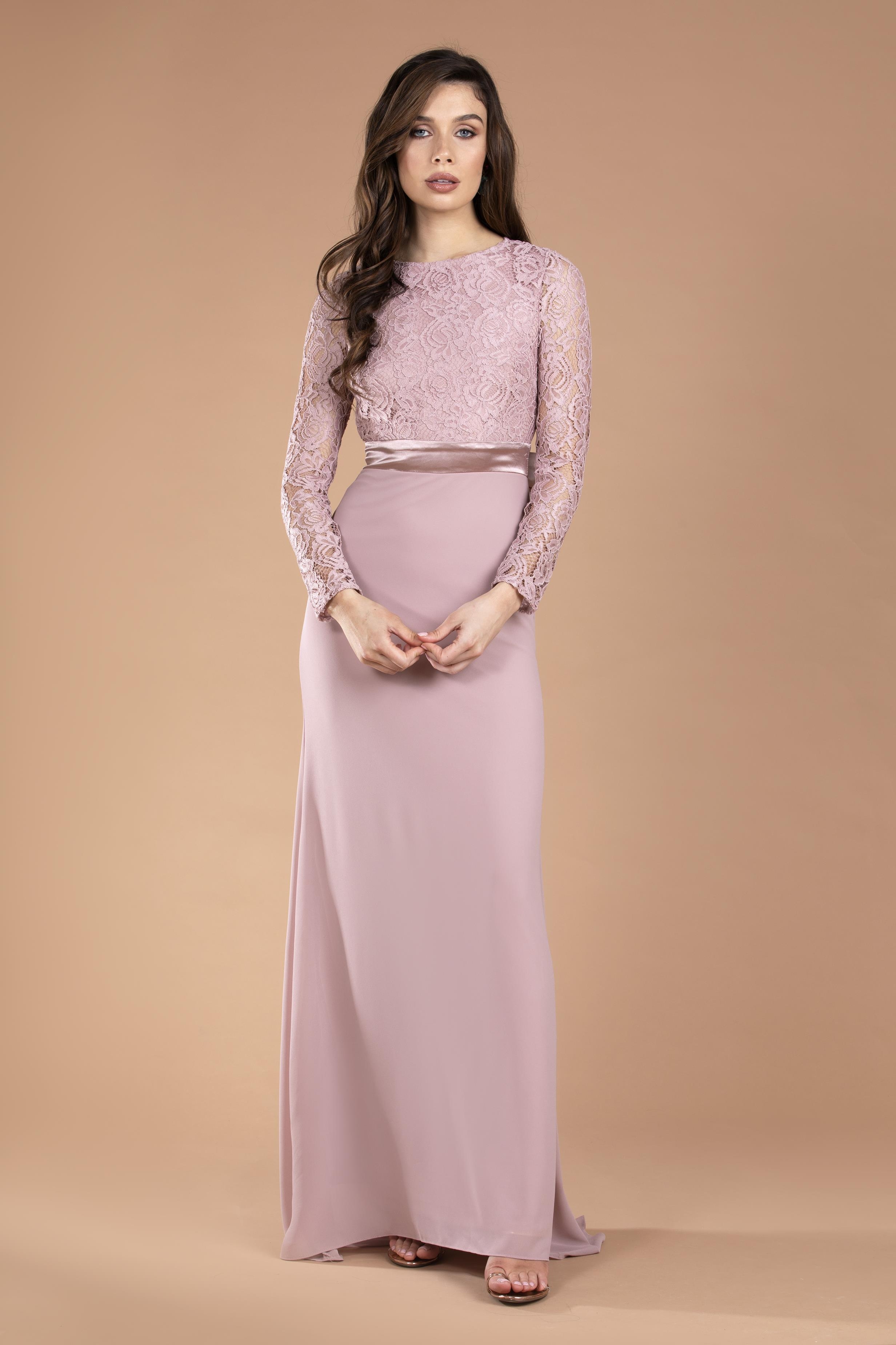 TFNC Elly Lace With Sleeves Pale Mauve Maxi Dress