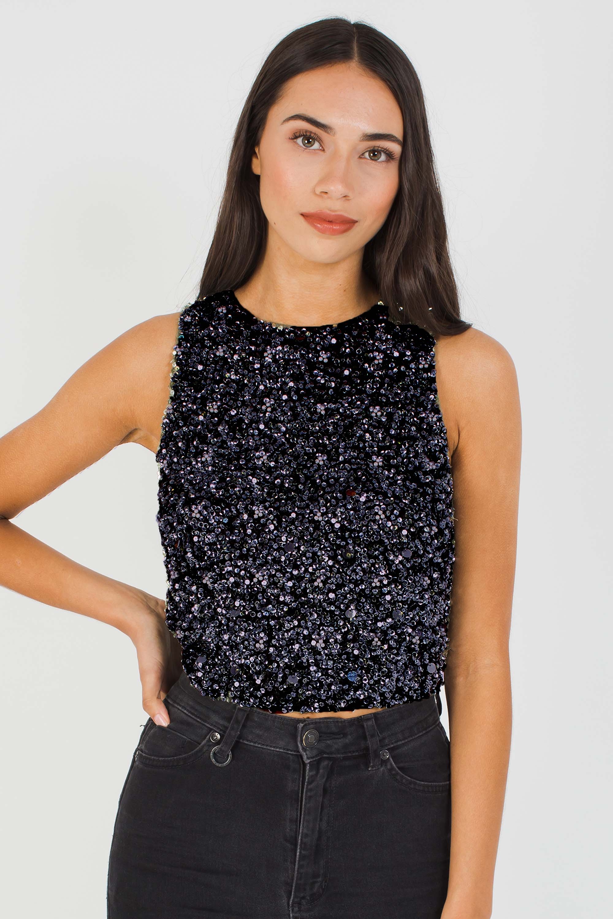 Lace & Beads Picasso Iridescent Black Sequin Top