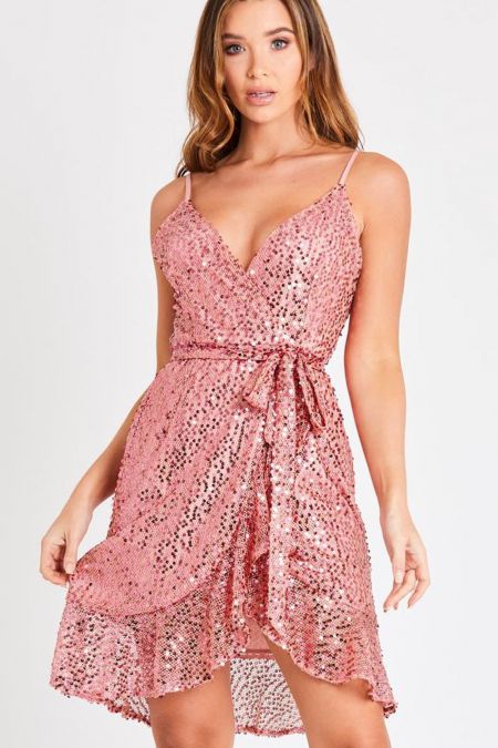 Skirt & Stiletto Ava Pink Strappy Sequin Mini Dress With Belt