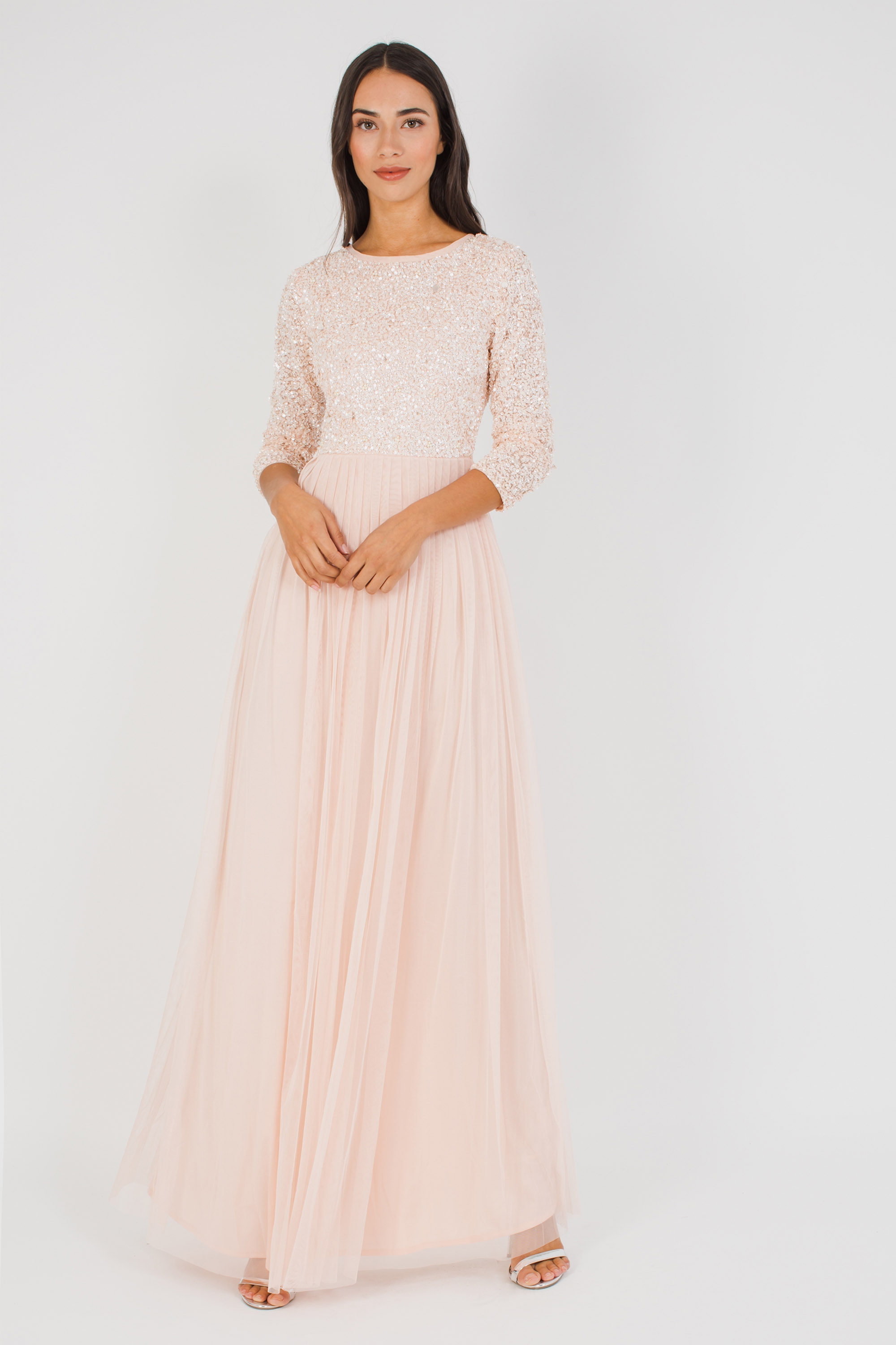 Lace & Beads Picasso 3/4 Sleeved Pink Embellished Maxi Dress
