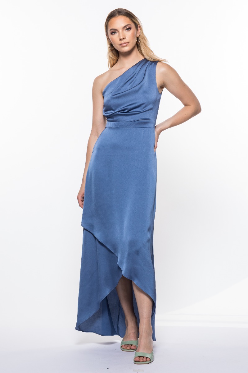 TFNC Delali One Shoulder Charcoal Blue Dress